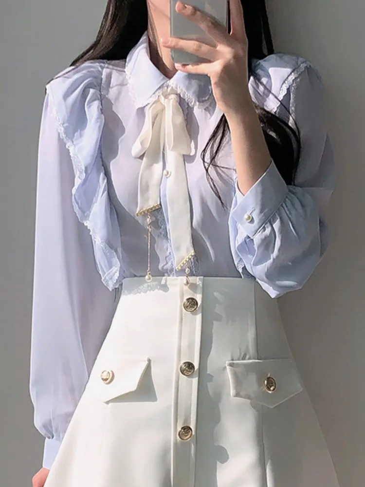 Spring Summer Women\'s Ruffles Cute Bow Tie Ladies Tops Preppy Style Vintage Korea Design Button Elegant Formal Shirts Blouses