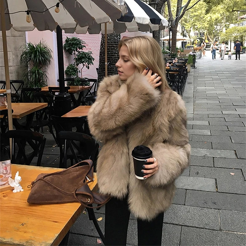 모조 여우털 코트 여성용 스탠드 칼라 짧은 털 재킷 추위 방한 루즈핏 여성 코트 긴 소매 포켓 아우터 탑스 트렌디