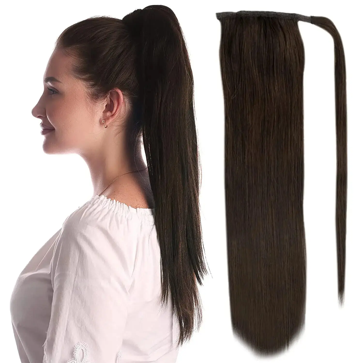 Ponytail Extension Long Straight Wrap Around Dark Brown Clip in Extensions #2 Color Brazilian Remy Hair Ponytail Ready To Wear