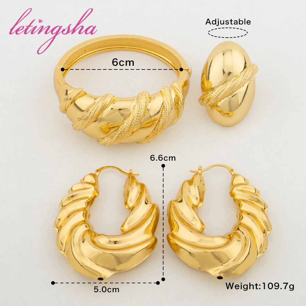 Dubai 18k Gold Plated Jewelry Set for Women Fashion Hoop Earrings African Copper Cuff Bangle Ring Sets Weddings Party Gift