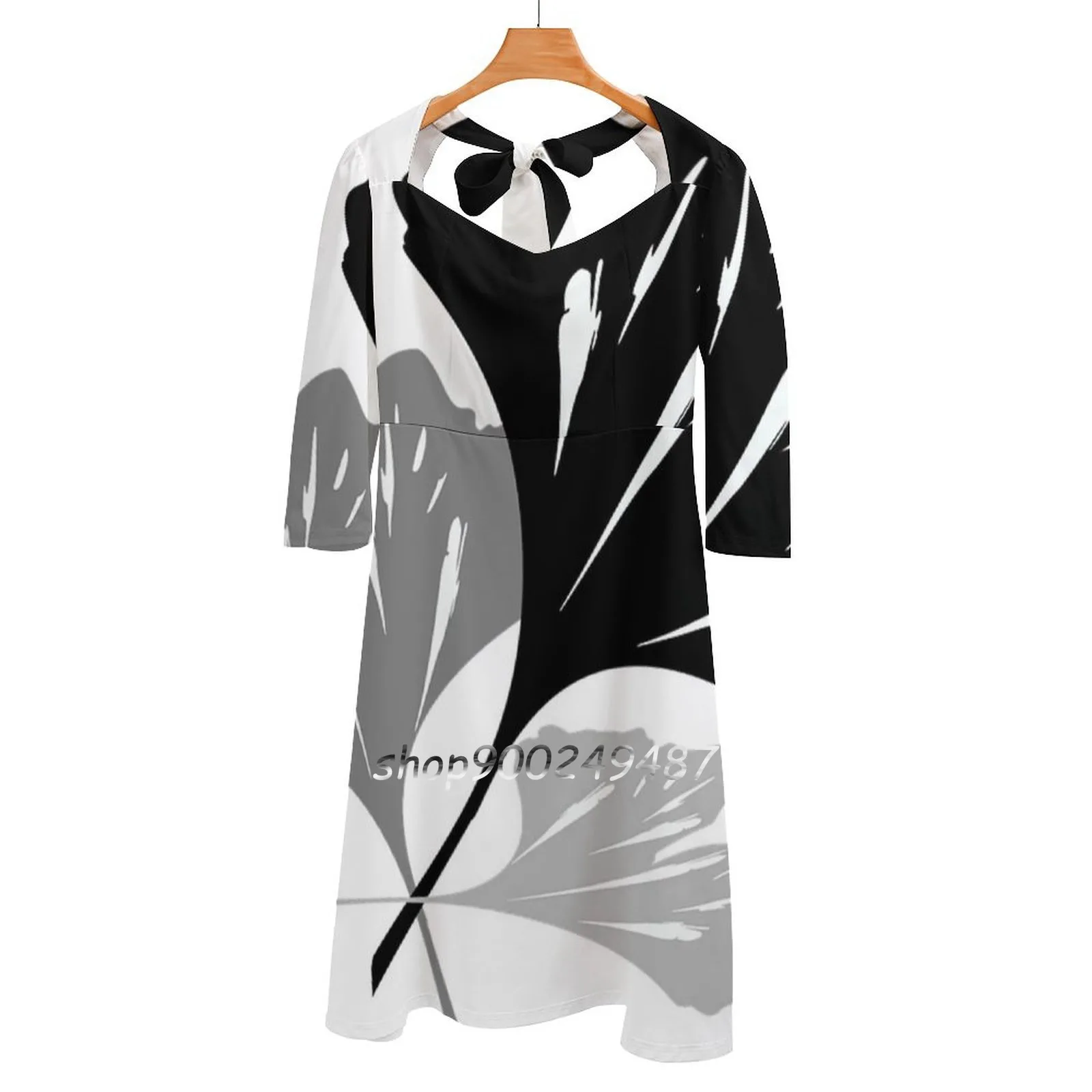 Abstract Art Deco Gingko Leaves Sweet Elegant Dress Women Korean Kawaii Square Collar Dress Art Gingko Leaves