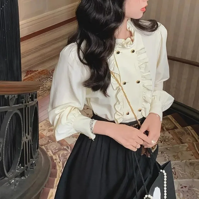 

Paris Sweet ell Двухрядная пуговица Деревянный утюг Маленький воротник-стойка Сводная внутренняя одежда Ретро Sle Женская деловая одежда ...