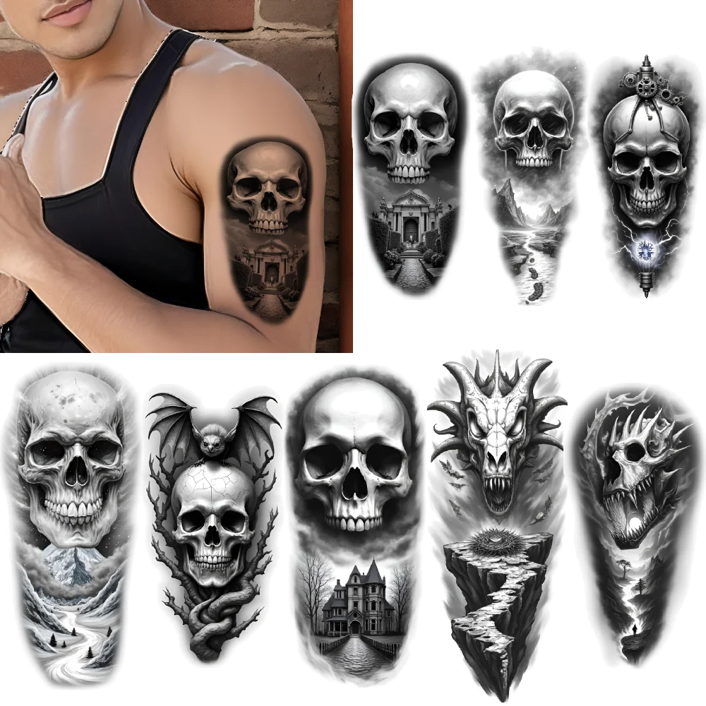 

3pcs Temporary Tattoo Skull With Compass And Ship Black And Grey Realism Skull With Clock Skull With Trees For Adults Arms