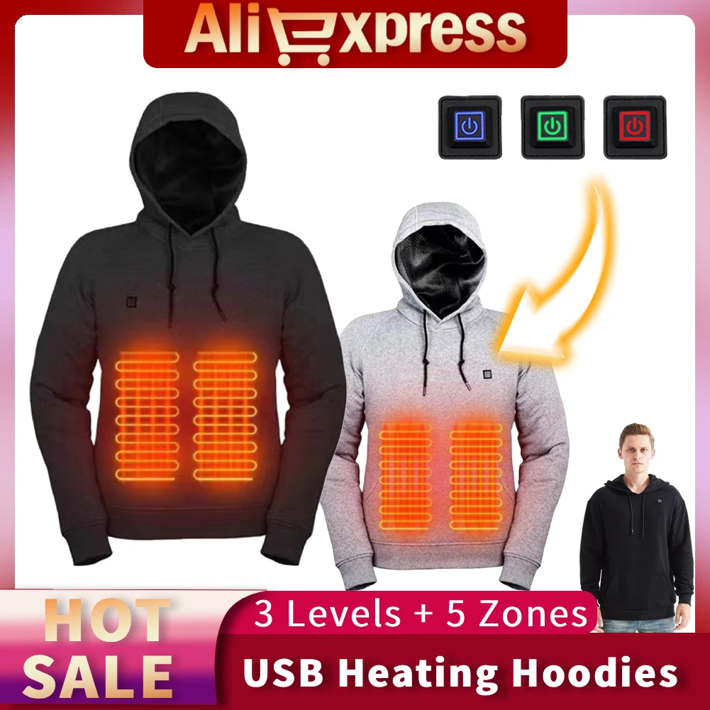 

Мужские и женские толстовки с USB-подогревом, 3 уровня нагрева, вязаная толстовка с капюшоном, 5 зон нагрева, легкая куртка с подогревом для зимы