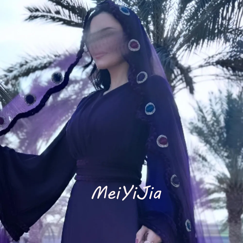 Meiyijia  Evening Dress V-neck Sash Long Sleeves A-Line Pleated Saudi  Arabia  Sexy Evening Birthday Club Outfits Summer 2024