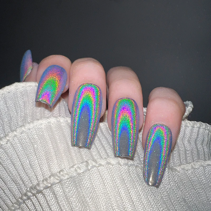 HNDO New Nails Silver Holographic Powder Rainbow Effect for Professional Manicure Nail Art Unicorn Laser Pigment Dust Design