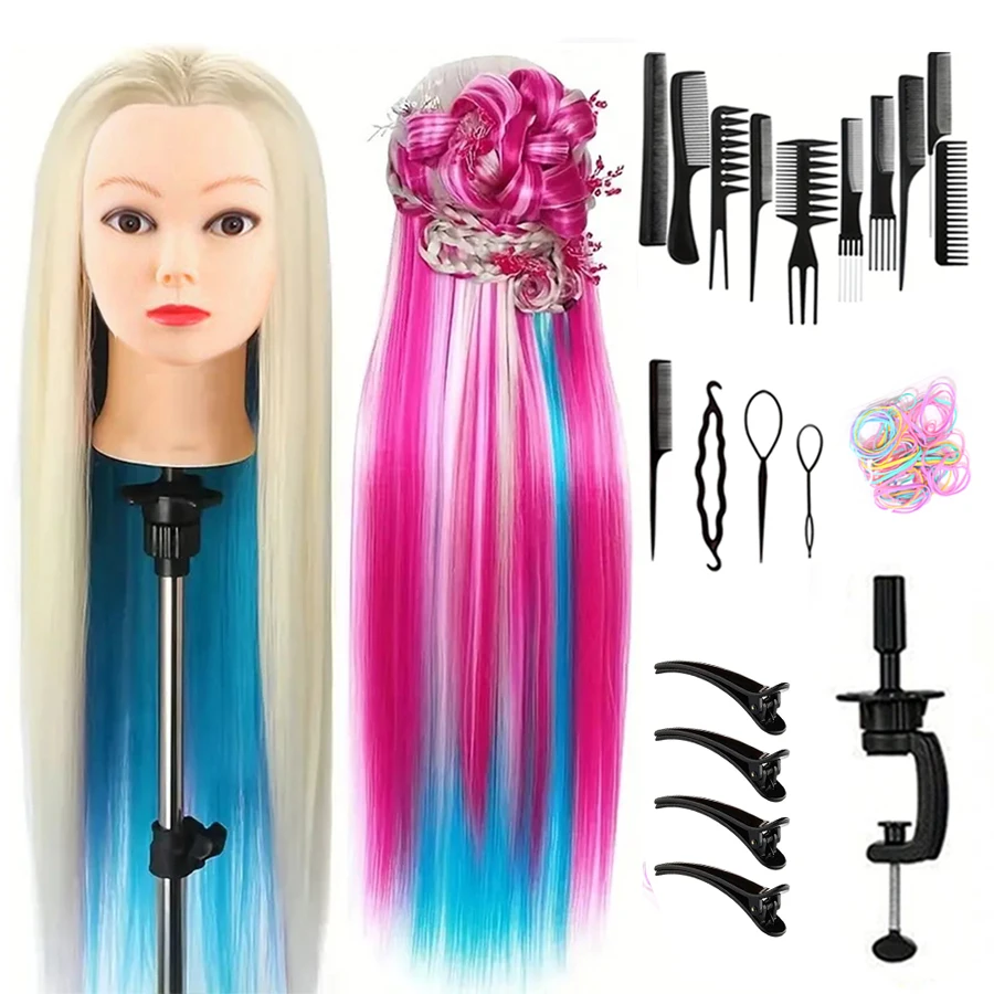 24インチ-マネキンヘッド-ファイバーヘア付き-モデル練習-理髪人形ヘッド-スタイリング-理髪トレーニング-編み込み用