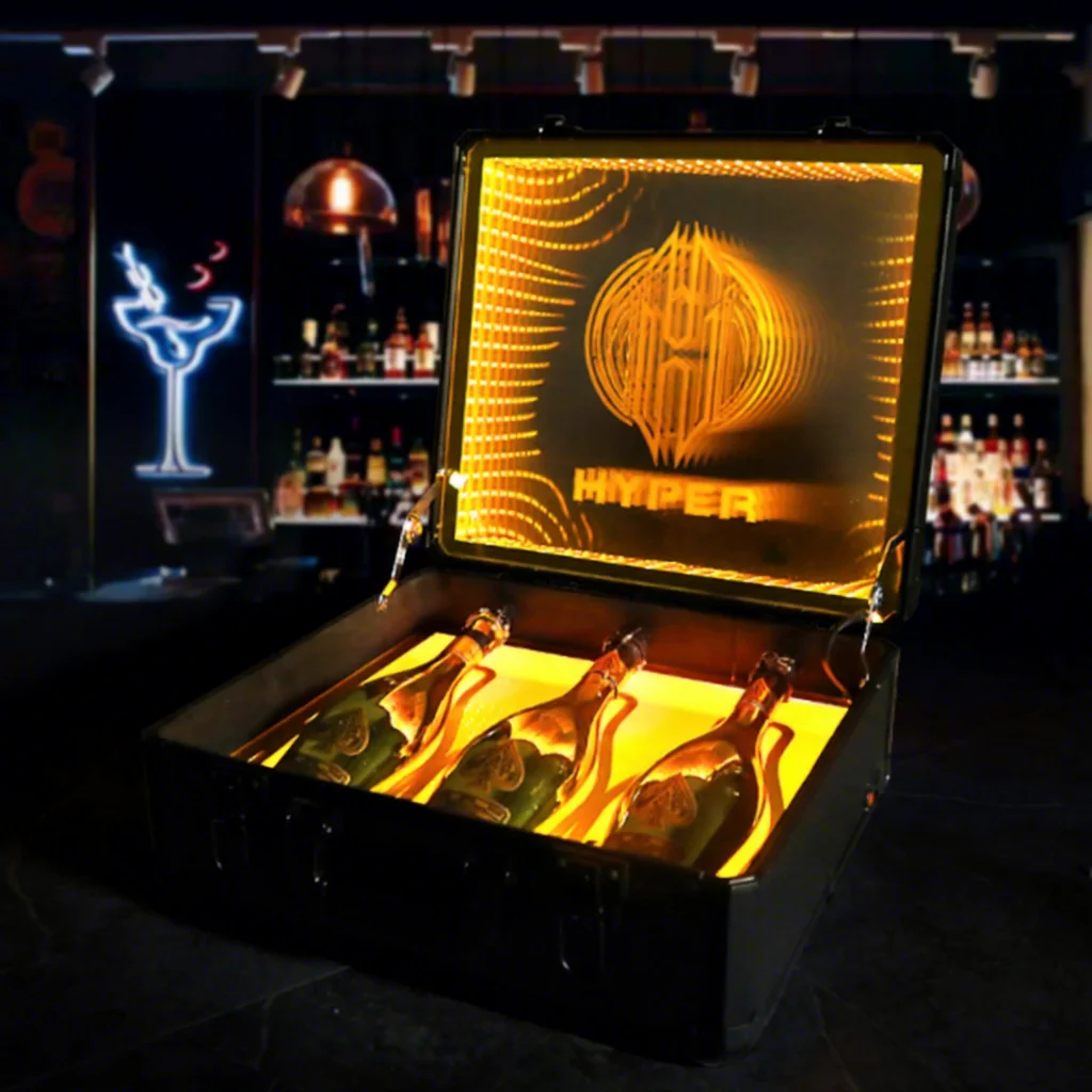 LED Lighted 3-Bottle Wine Display Rack Gold  with Ace Spades for Champagne Bottle Carrier Box VIP Service Presenter
