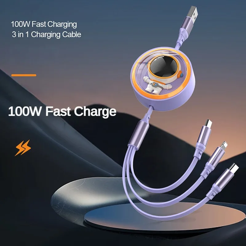 كابل USB 100 وات ثلاثة في واحد قابل للسحب للشحن السريع والبيانات USB صغير من النوع C مناسب لهواتف iPhone وAndroid وXiaomi وHuawei