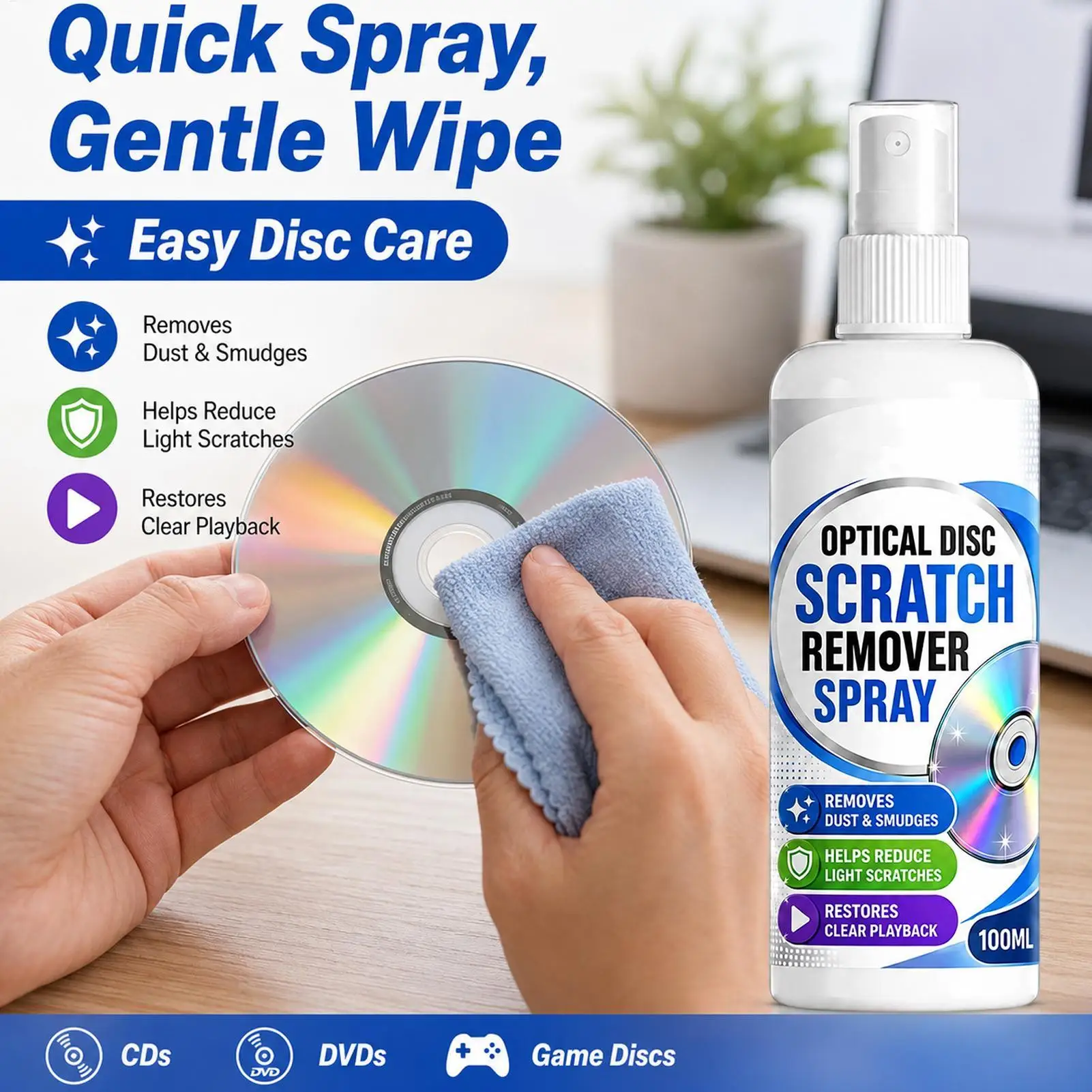 Disc Cleaning Solution with Towel 100ml Anti-Static Fast-Drying Restorer Fluid Game Disc Scratch Remover Spray for Home Studio