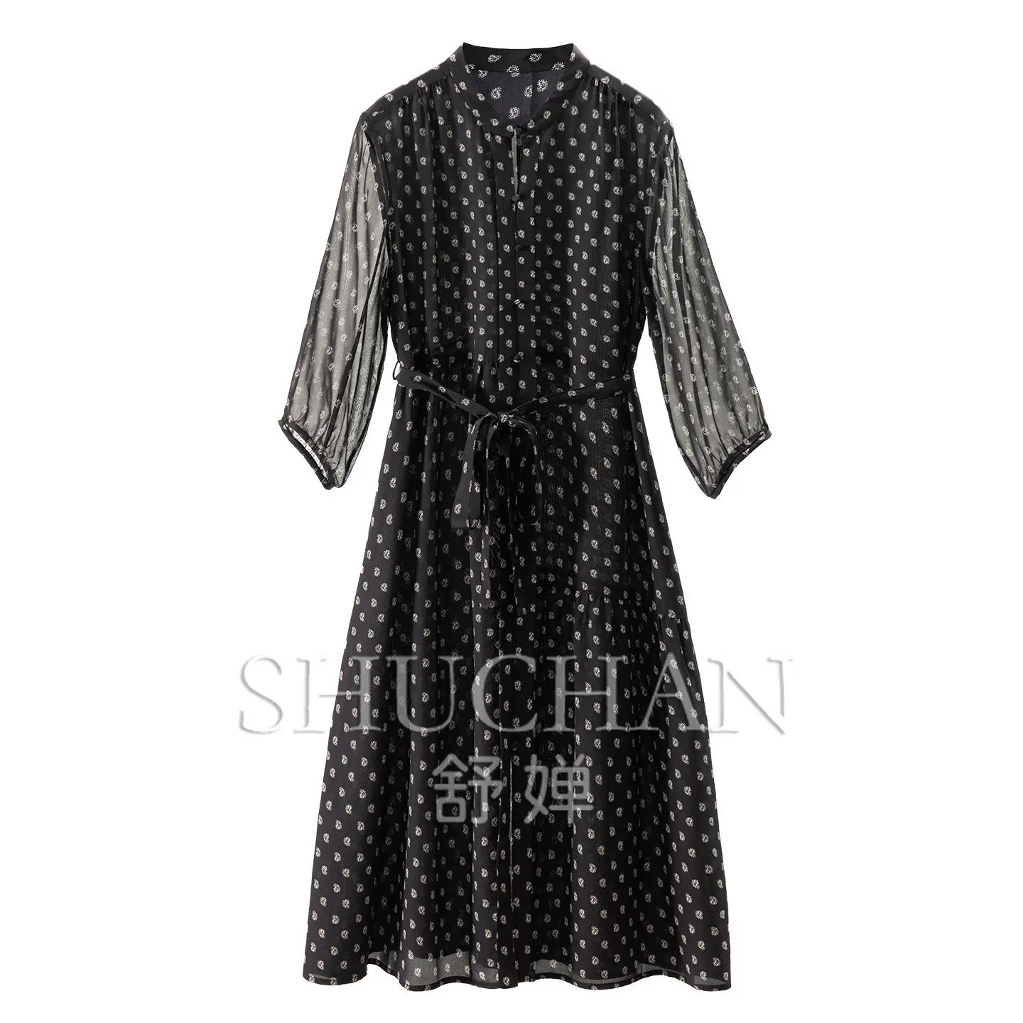 

Luxury Cashew Flower Dresses Light Luxury Natural Silk Double Crepe Waist Shirt Dress Women's 59J7