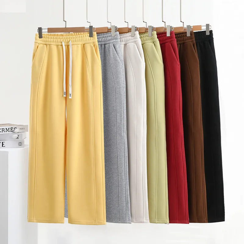 

2024 Autumn Winter Thiened Fce Women's Slim Fit Wide Leg Pants High Waist Straight Cut Sports Trousers Side Paneling