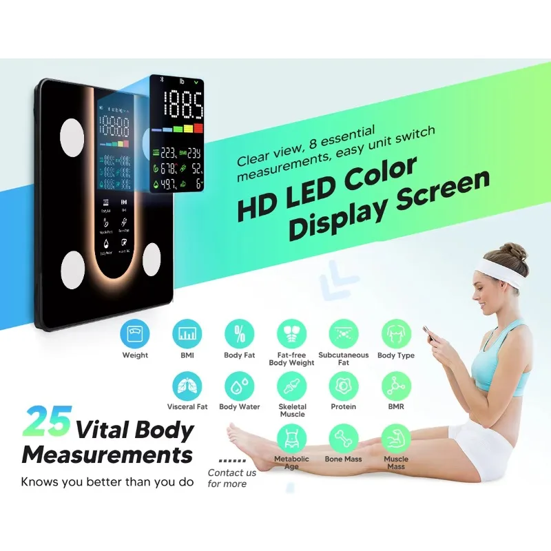 

Household BMI Body Composition 180kg Battery Powered Bathroom Weighing Scale Digital LED Smart Body Fat Scale with App