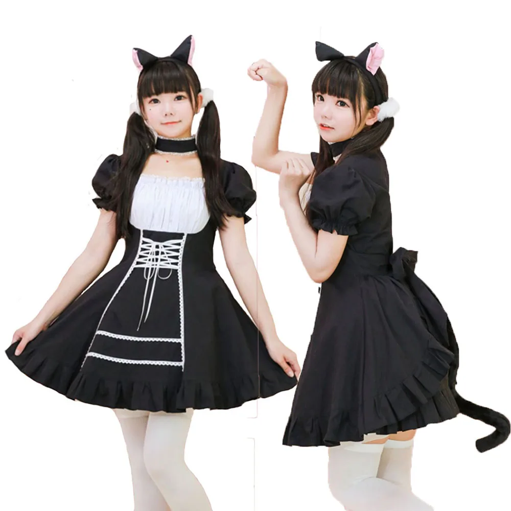 

Cute Cat Lolita Maid Outfit Dress Costume Cosplay Dress Ear Tail Full Set Suit Girl Woman Cat Maid Party Costumes