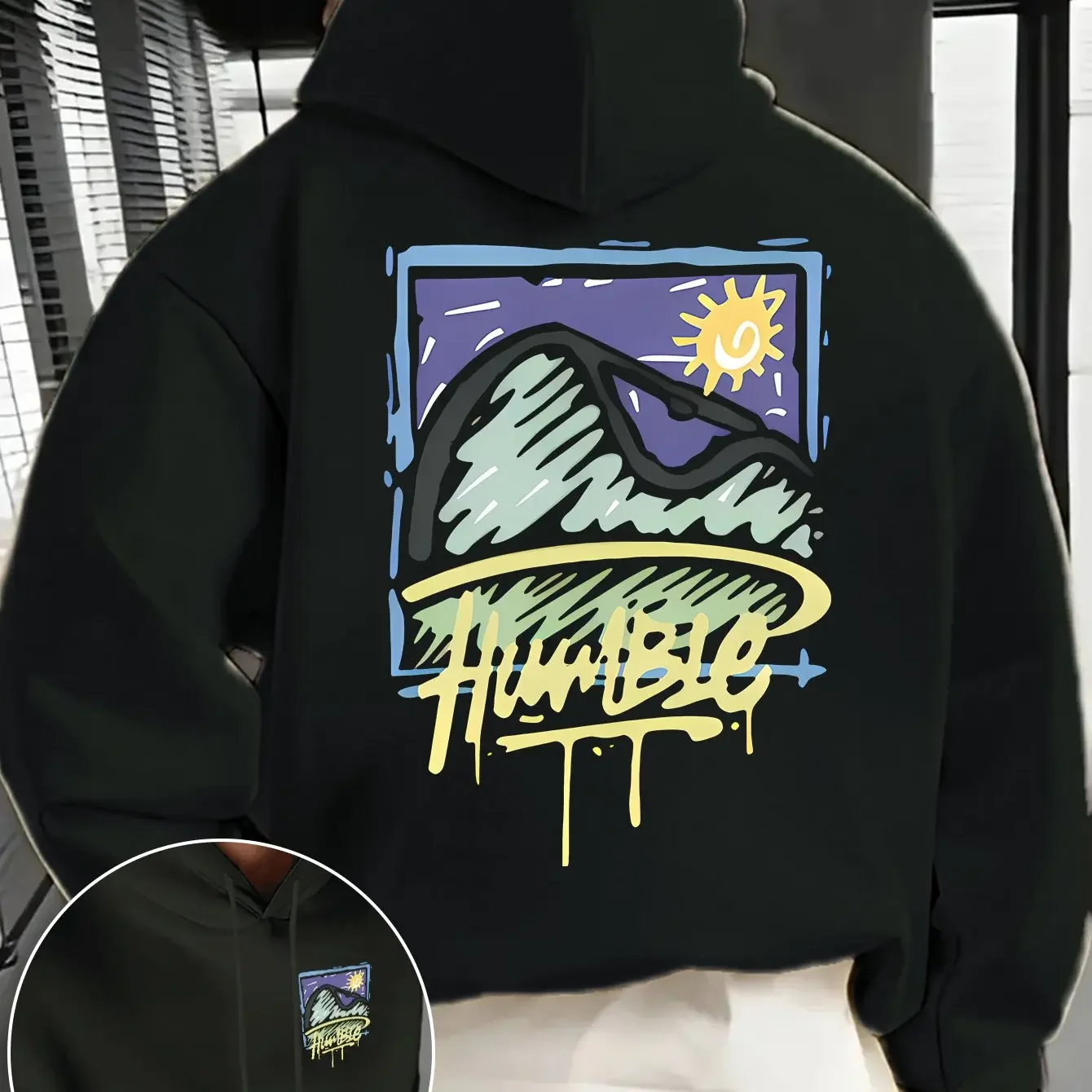 Drip Paint Letter Mountain Sunset Hand Drawn Print Hoodie Casual Oversized Hip‑hop Street‑style Long Sleeve Pullover Tops