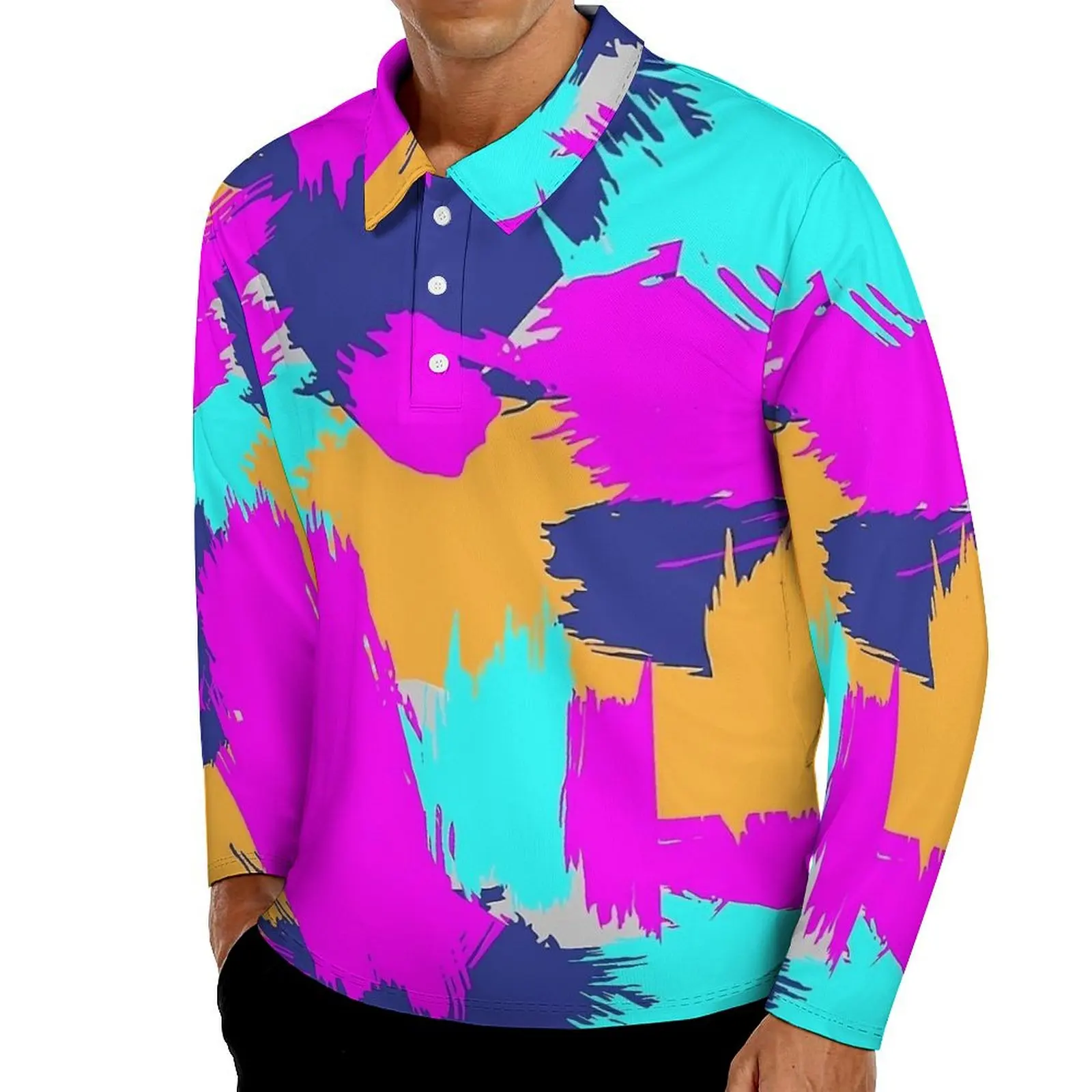 

Рубашки поло с цветным принтом 80-х годов, мужская повседневная рубашка, осенние эстетические футболки с отложным воротником и длинными рукавами, большие футболки
