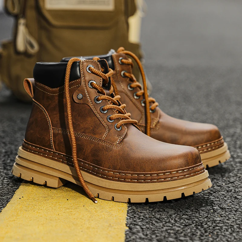 خمر جلد الرجال أحذية الثلوج رجل الموضة حذاء من الجلد الدانتيل يصل عالية أعلى الأحذية في الهواء الطلق دراجة نارية الأحذية أعلى جودة المشي الأحذية