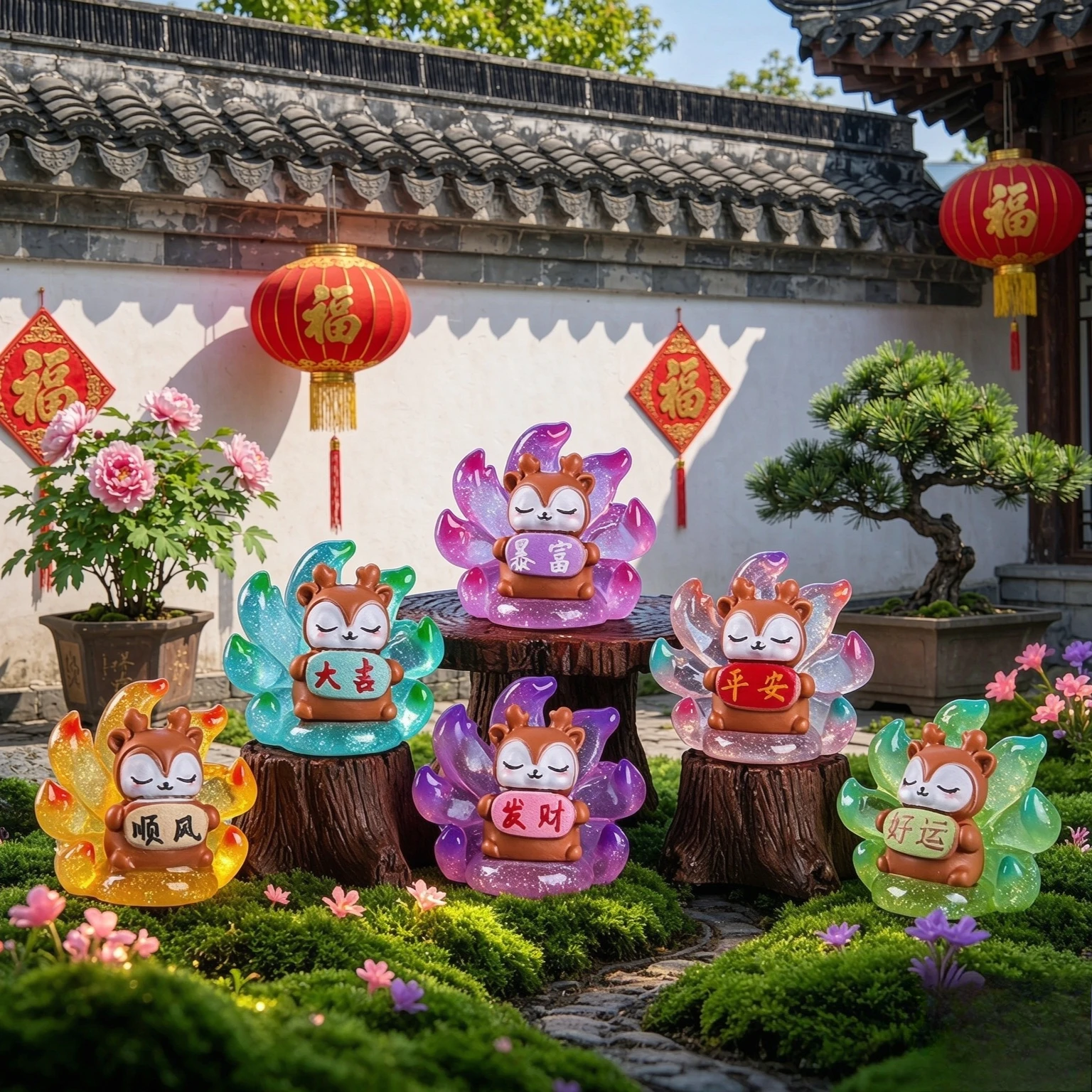 Cute Resin Nine-Tailed Fox Figurines, Kawaii Chinese Style Lucky Charm Mini Ornaments, Glow Micro Landscape Potted Plant Decor