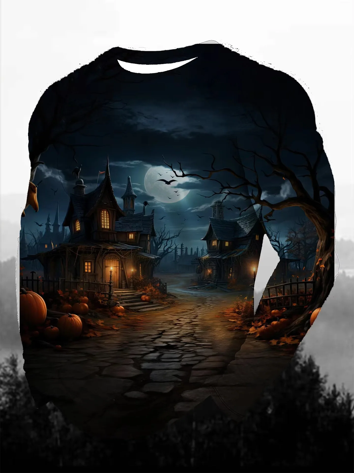 Men Long Sleeve T‑Shirt Halloween Scenery 3D Print Haunted House Pumpkin Scarecrow Graveyard Gothic Party Casual Top