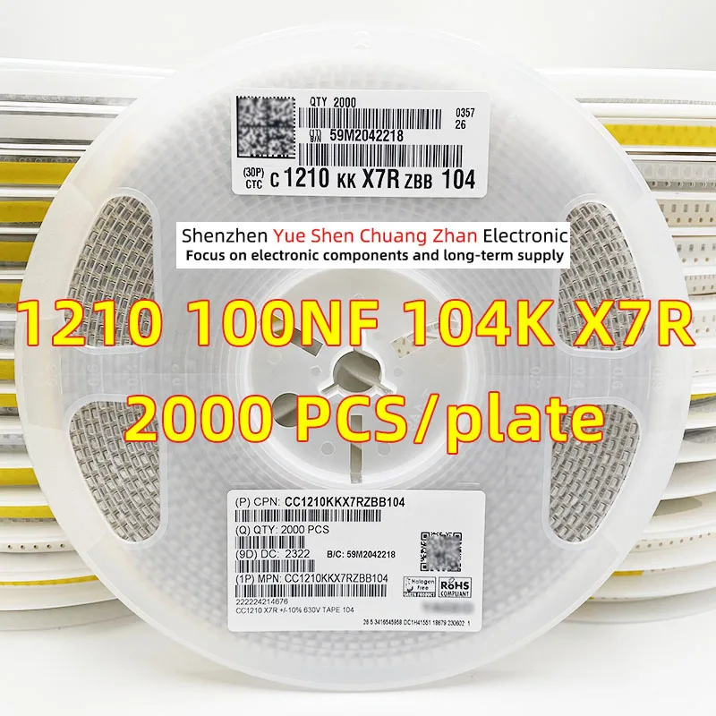 

Patch Capacitor 1210 104K 100NF 0.1UF 50V 100V 250V 630V Error 10% Material X7R Genuine capacitor（Whole Disk 2000 PCS）