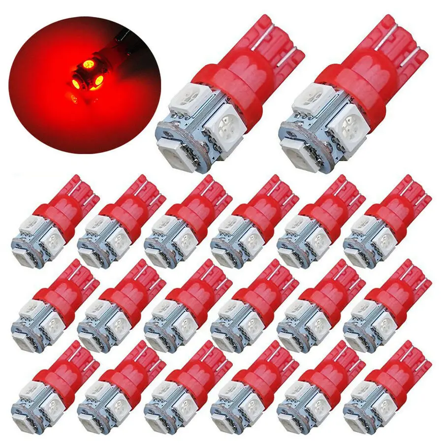 

20x Super Red T10 LED Bulbs Car Interior License Light 2825 192 194 5050 5 SMD