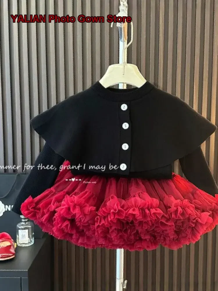 Girls Two-Piece Set Baby Autumn Winter Turtleneck Knit Cardigan Tutu Skirt Stylish Outfit