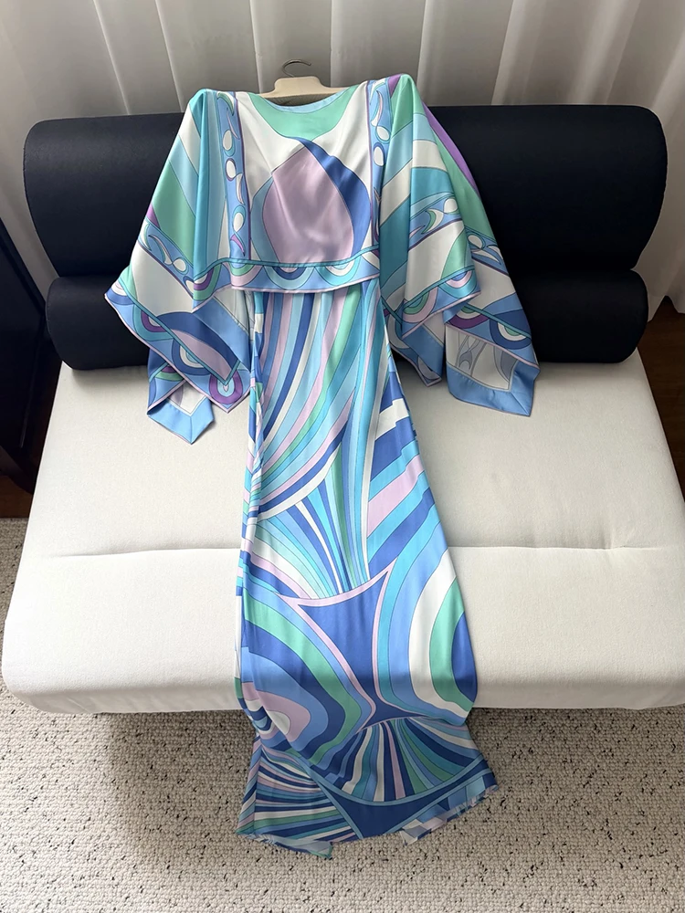 Spring Summer Fashion Geometric Pattern Print Long Dress Suit Women's O-Neck Batwing Sleeve Tops+Spaghetti Strap A-Line Dresses