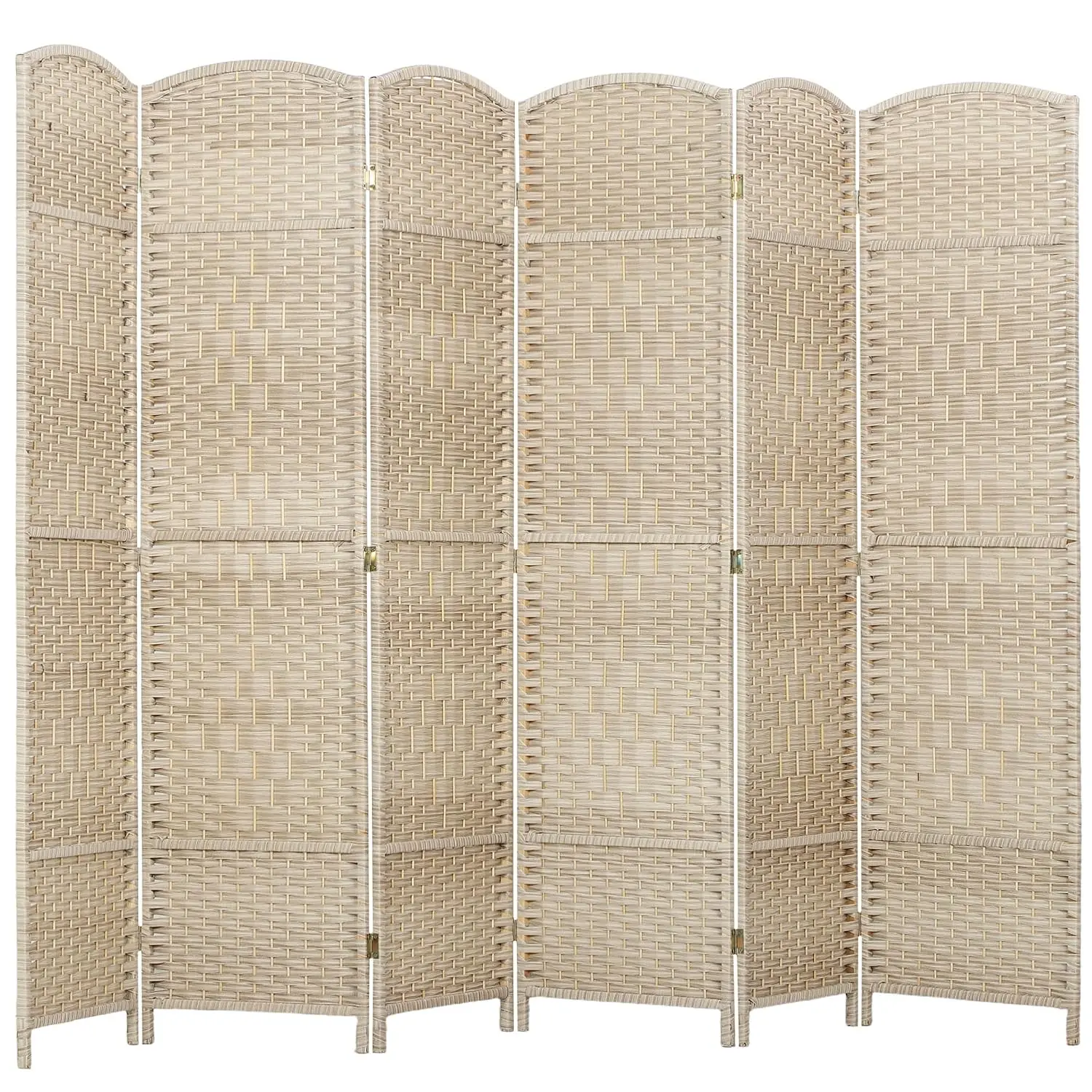 6 Panel Folding Room Divider 6 Ft Hand-Woven Privacy Screen, PP Woven Oak Finish Pine Wood Frame Freestanding Partition Bedroom
