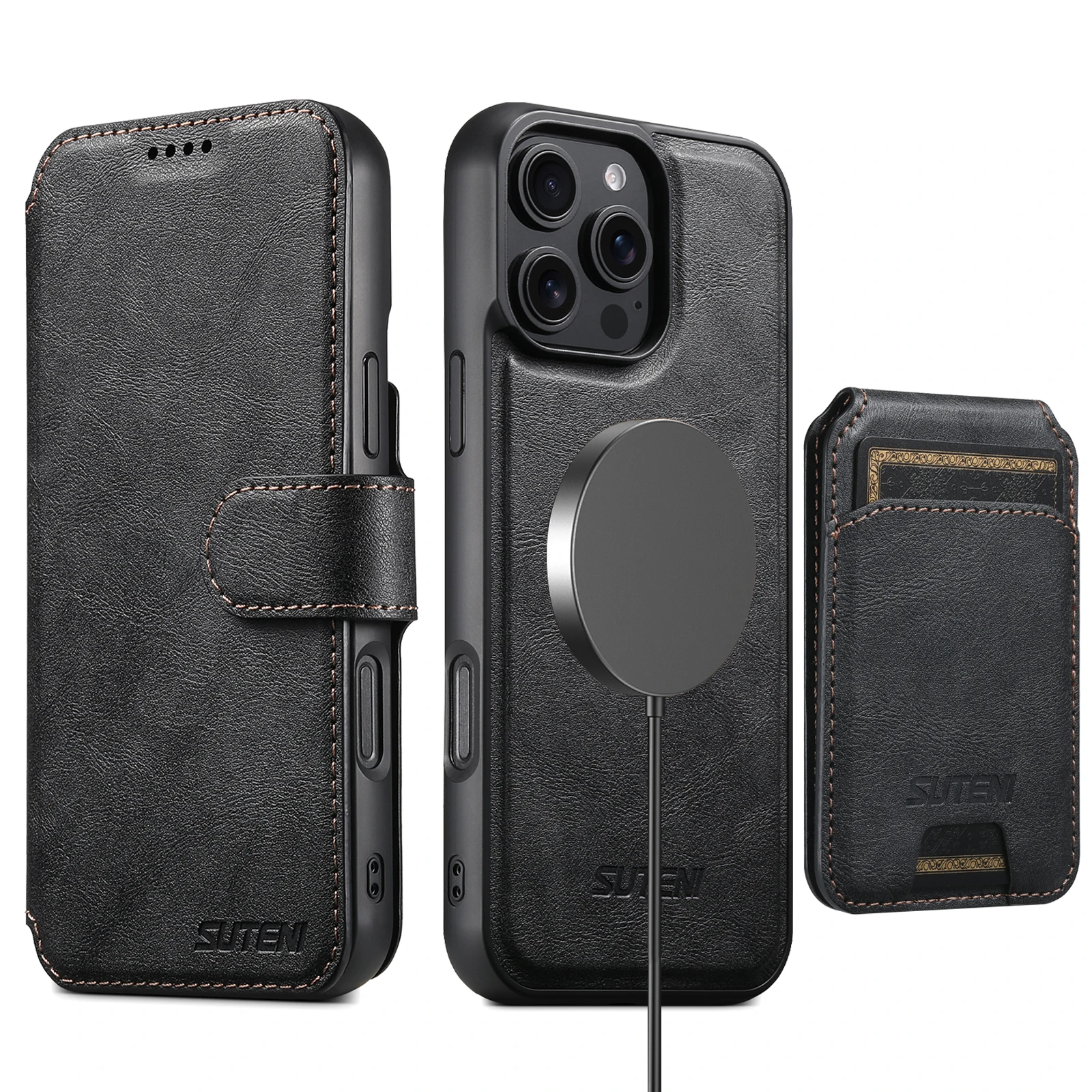 

3 in 1 Detachable Wireless Charging Magnetic Leather Wallet Phone Cover For iPhone 17 16 15 14 13 12 Pro Max Magsafe Flip Case