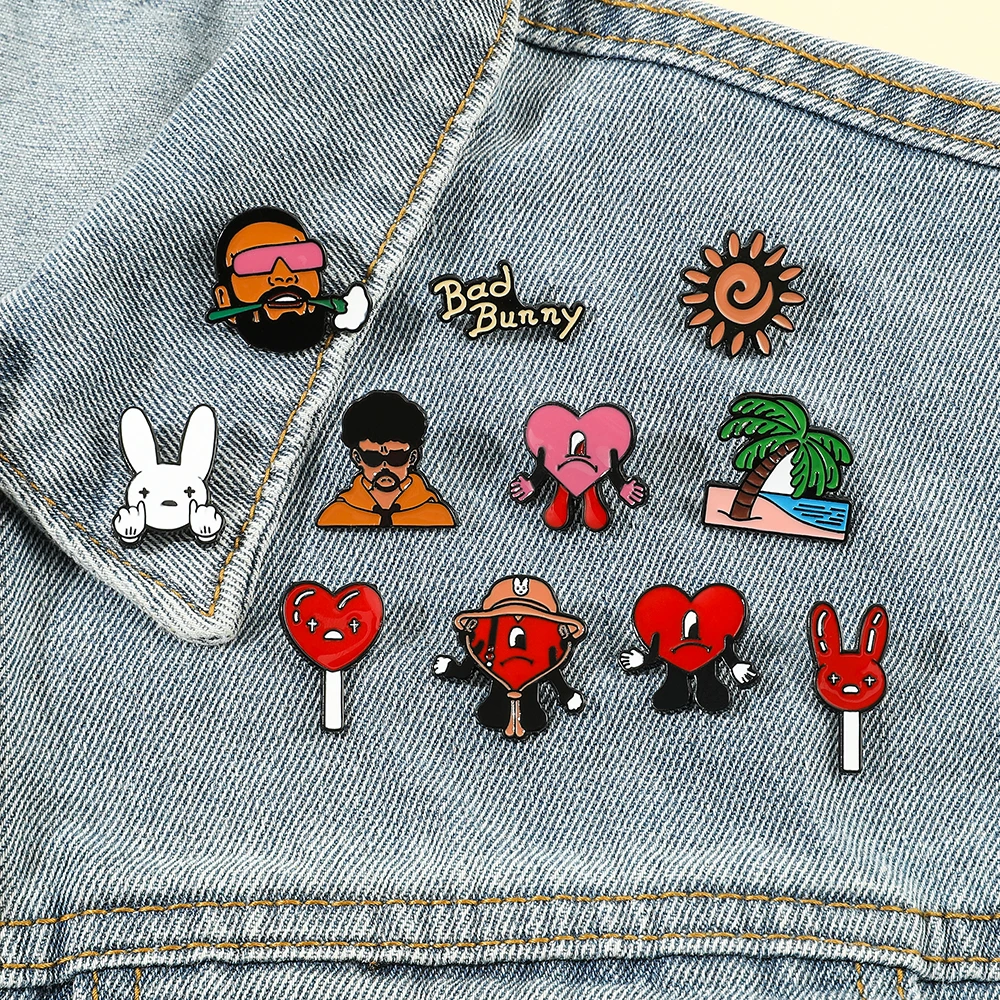 Bad Bunny Brooch Creative Jewelry Red Heart Rapper Bad Rabbit Enamel Pin for Clothing Backpack Pins Accessories for Kids Gift