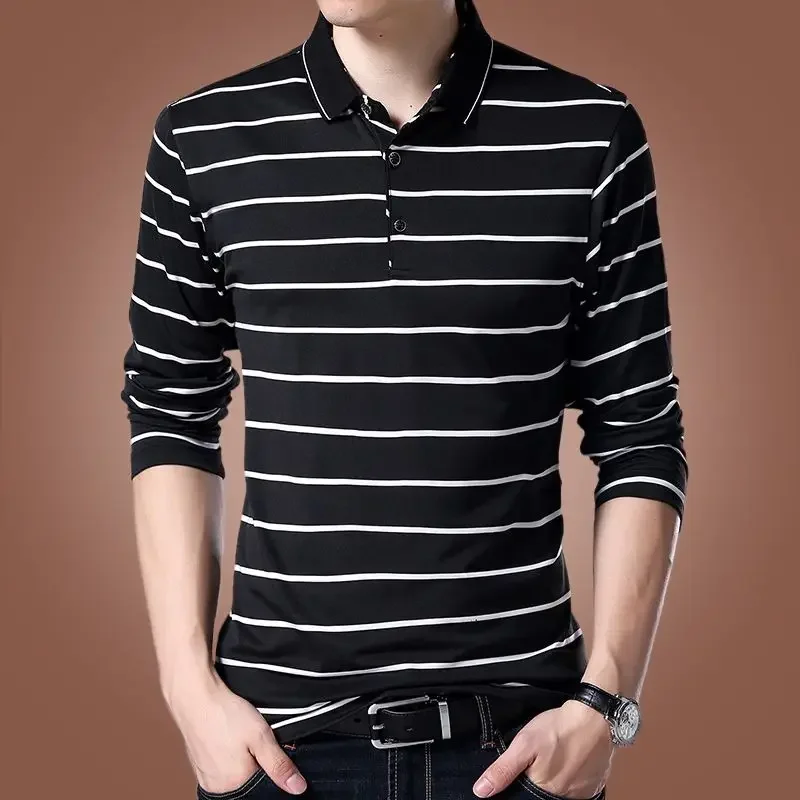 Elasticity Stripe Mens Polo Shirts Formal Male Sweatshirts Business Aesthetic Clothing Deals Bulk Korean Autumn Luxury Pullover