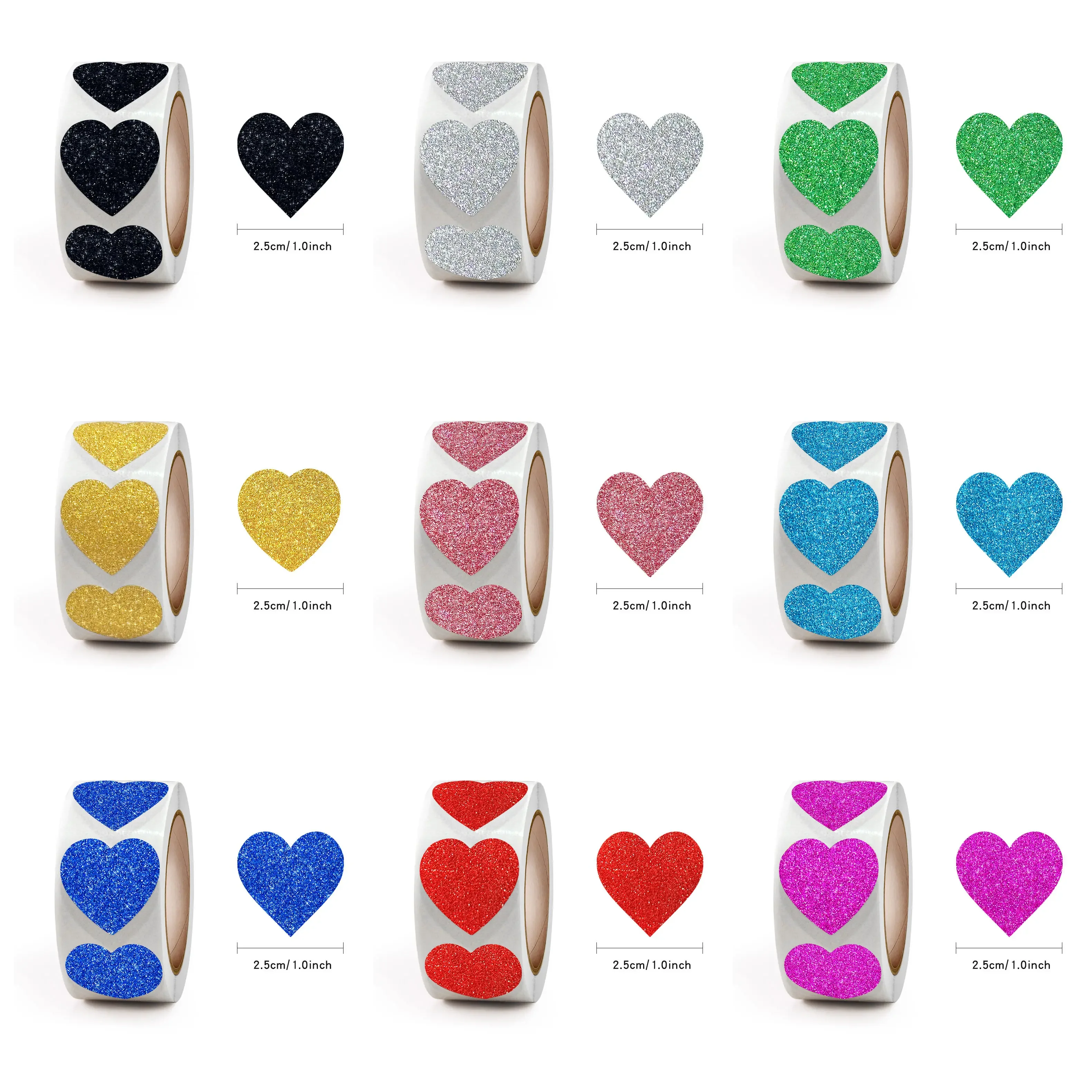 500Pcs Colorful Glitter Heart Stickers, 1 Inch Sparkle Love Heart Adhesive Labels Roll for Valentine Wedding Gift Wrapping
