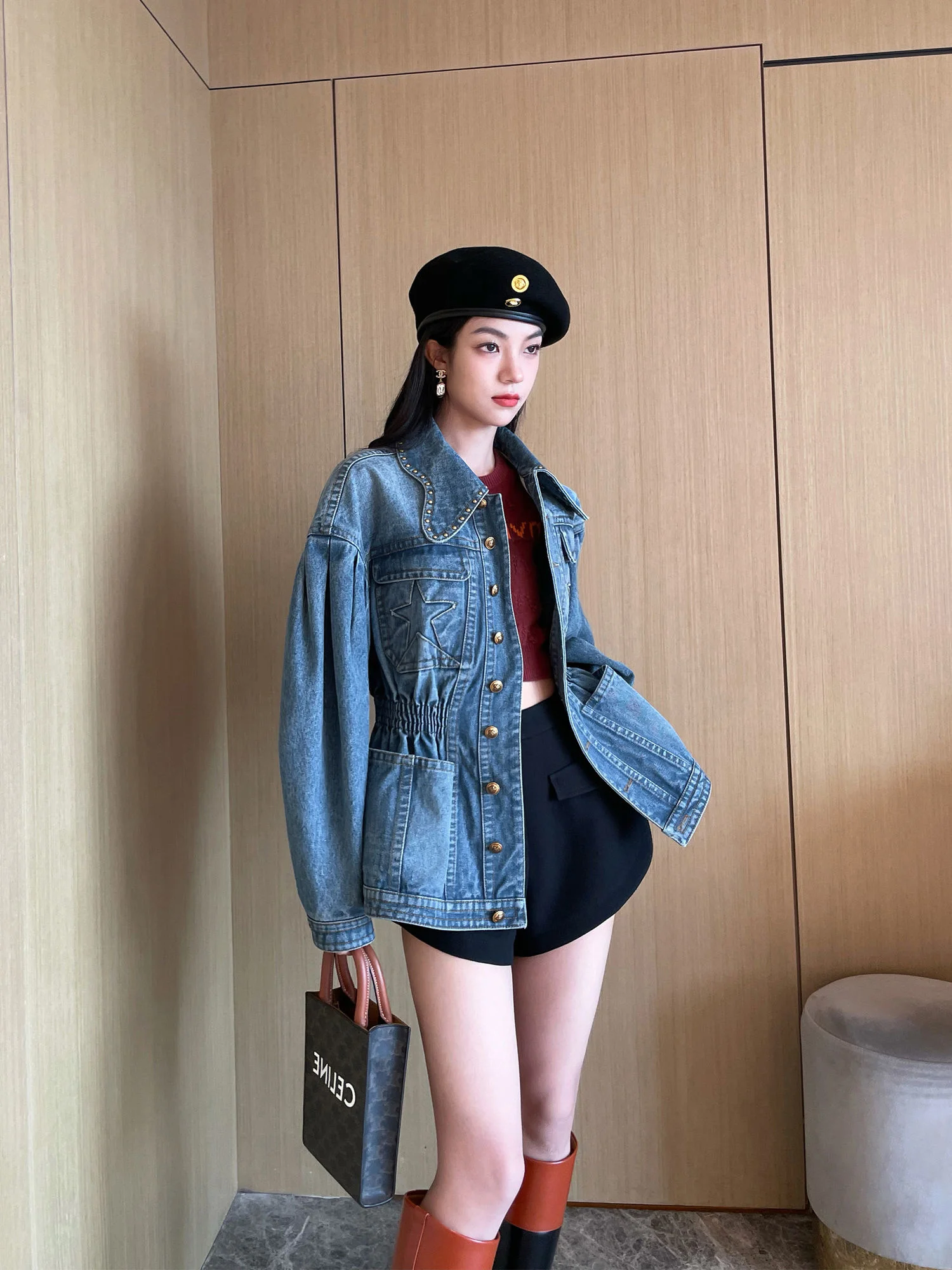 

Xiaojingjia's Same American Style, Unique and Unique, Waisted Denim Coat, Women's Autumn and Winter, Light and Mature Style,