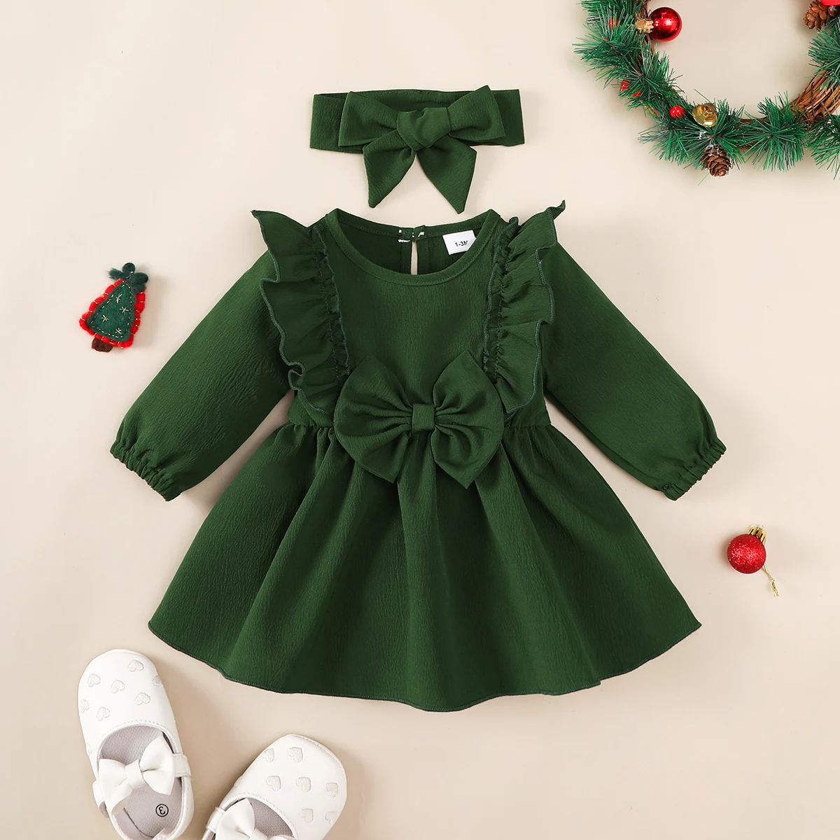 Baby girl Christmas Dress solid Color Ruffled Long sleeved Dress+Headband Set suitable for 0-18 Months Baby girl leisure Dress
