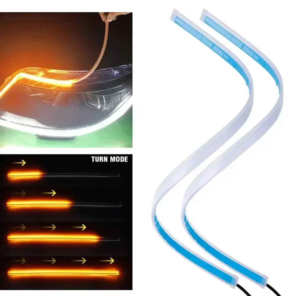 Universal DRL Light Motorcycle LED Daytime Running Light Scan Waterproof Headlight Strip Sequential Flow Yellow Turn Signal 12V