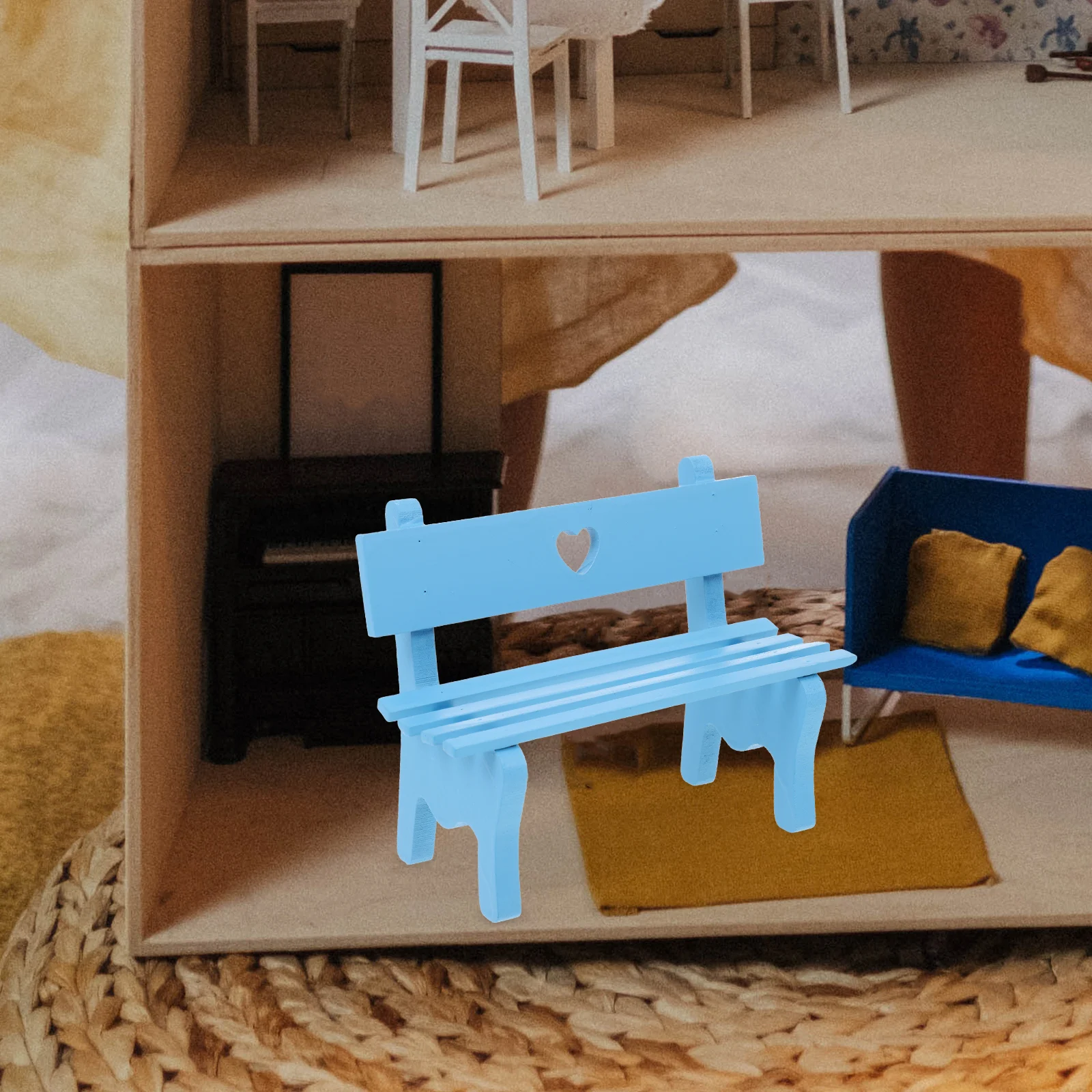 

Ornament Wooden Bench Ornaments House Decor Educational Toy Play Chair Small Accessories Miniature Model Blue Office