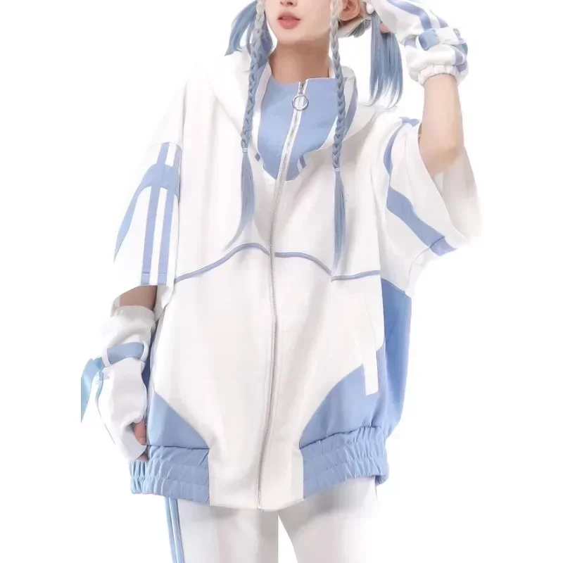 Setelan olahraga lengan pendek milik saya, jaket bertudung dengan ritsleting warna kontrak longgar celana kasual manis dengan Aksesori