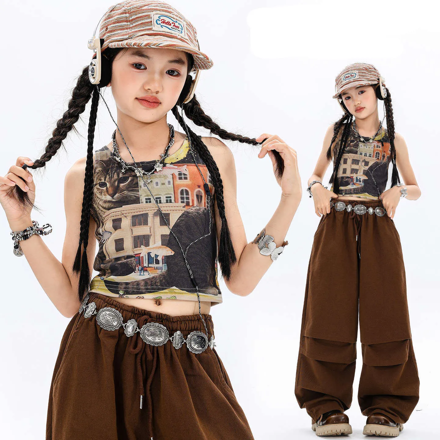 

Kid Kpop Hip Hop Clothing Coffee Cute Cat Print Crop Tank Top Casual Wide Parachute Pants for Girl Jazz Dance Costumes Clothes