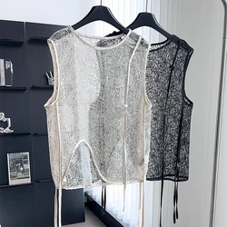 Women's French Holiday Style Vest For Women Summer Hollow Lace Sleeveless Tank Top Vintage Loose Korean Harajuku Clothing