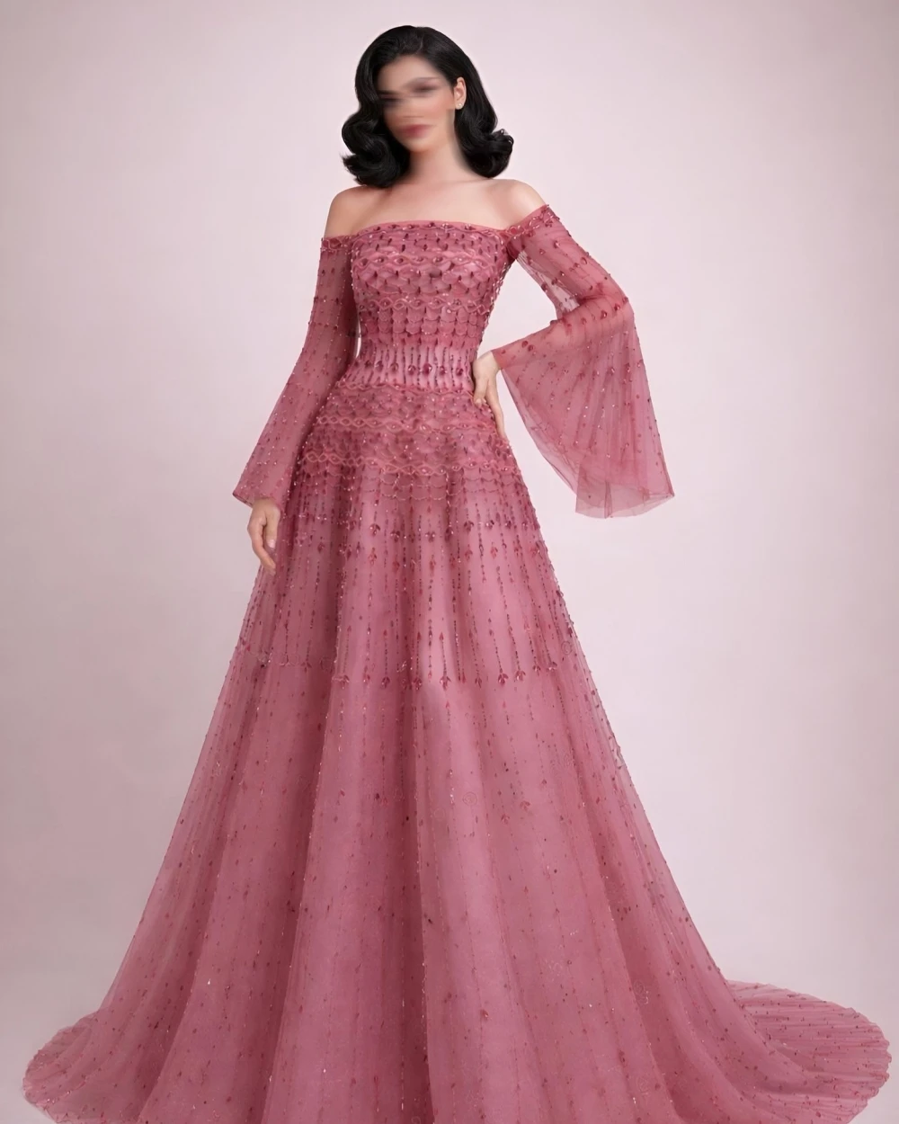 

Customized Exquisite Women Tulle Beading Sequined A-line Evening Dresses Fashion Sexy Off-the-shoulder Floor Lenght Prom Dresses