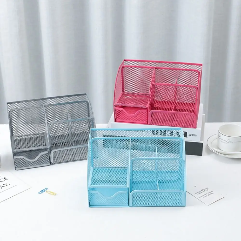 Creative Multi Grid Pen Holder Metal Mesh 6 Compartments Desktop Office Organizer Thickened 1 Drawer Sundries Storage Box Pencil