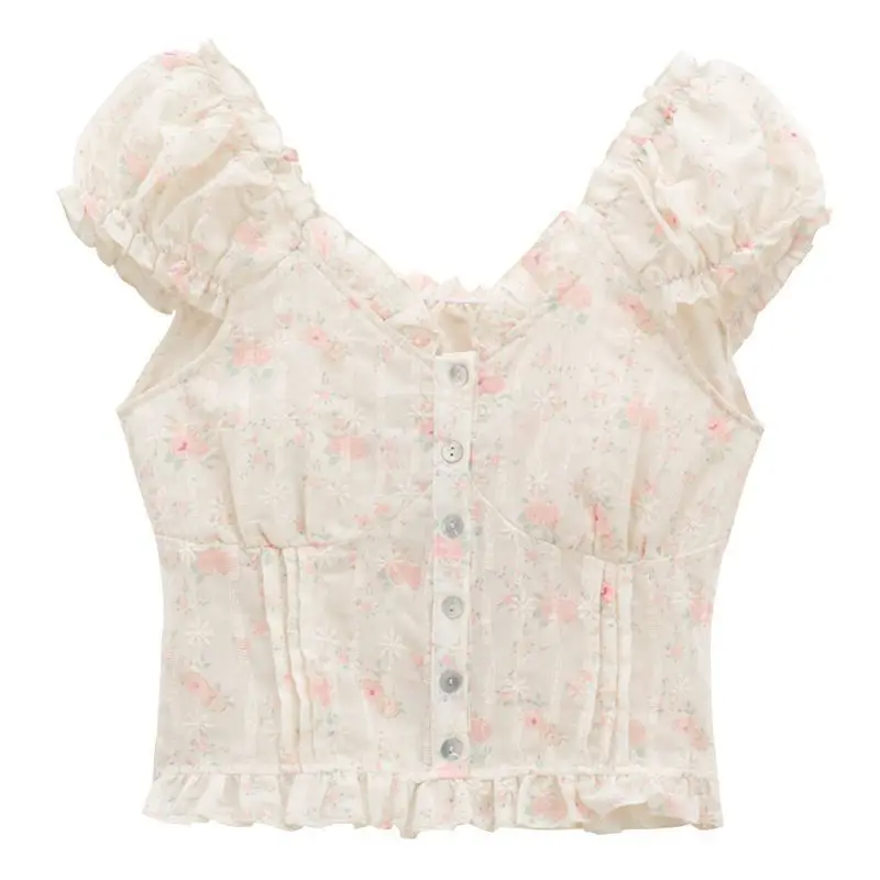 ユニークな花柄ショートスタイルファッショナブルなウエストVネックパフスリーブワンショルダースイート＆スパイシートップシャツ