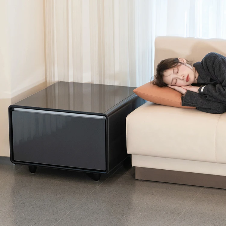 Black Coffee Table With Mini Fridge For Refrigerated Storage Of Food, Beverages, Skincare Products & Pet Treats