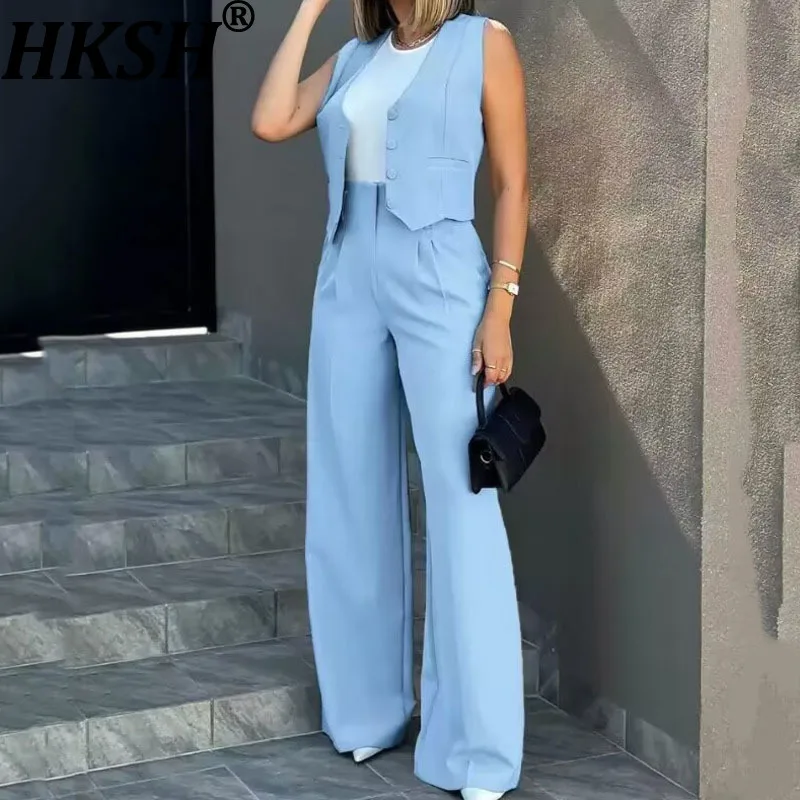 

HKSH Summer New Women Tide Simple Elegant Ins Casual Suit-Waistcoat Pants Set Single Breasted Vest Fashion Wide Leg Pants HK9461