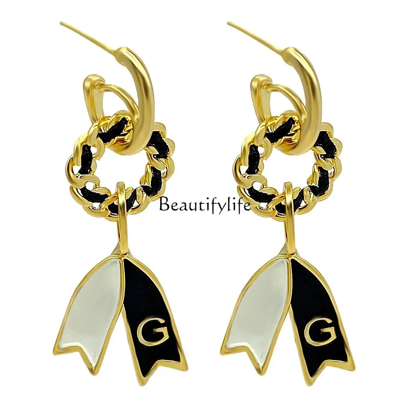 

Bow streamer drip glaze light luxury earrings fashion temperament simple high sense earrings women