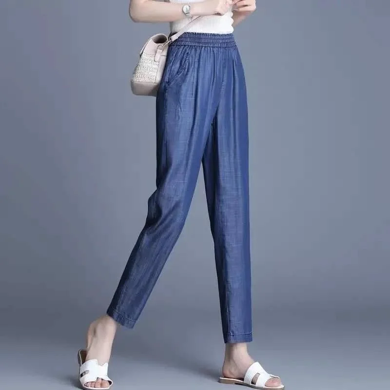 Korean Summer New Fashion Thin Jeans Solid Elastic High Waist Pocket Loose Everyday Versatile Straight Casual Harlan Pants 2023
