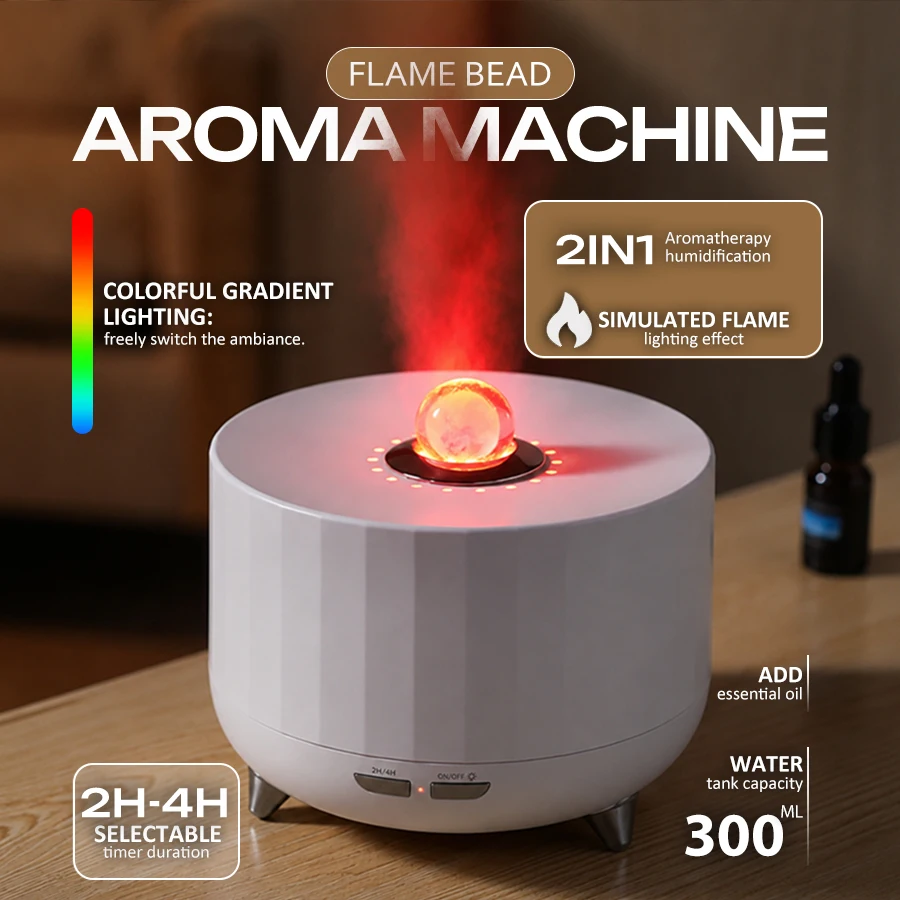 

3D Flame Aroma Humidifier, 7 Color Light, 2H/4H Timer, 300ml, Essential Oil Diffuser, Quiet Mist, Desktop Decor for Home Office
