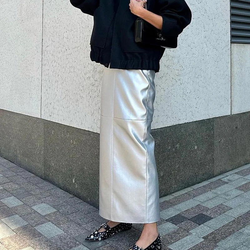 Elegant Metallic Gold PU Leather Skirts For Women 2023 Fashion High Waist Office Long Skirt Casual Classic Skirt Female Clothing