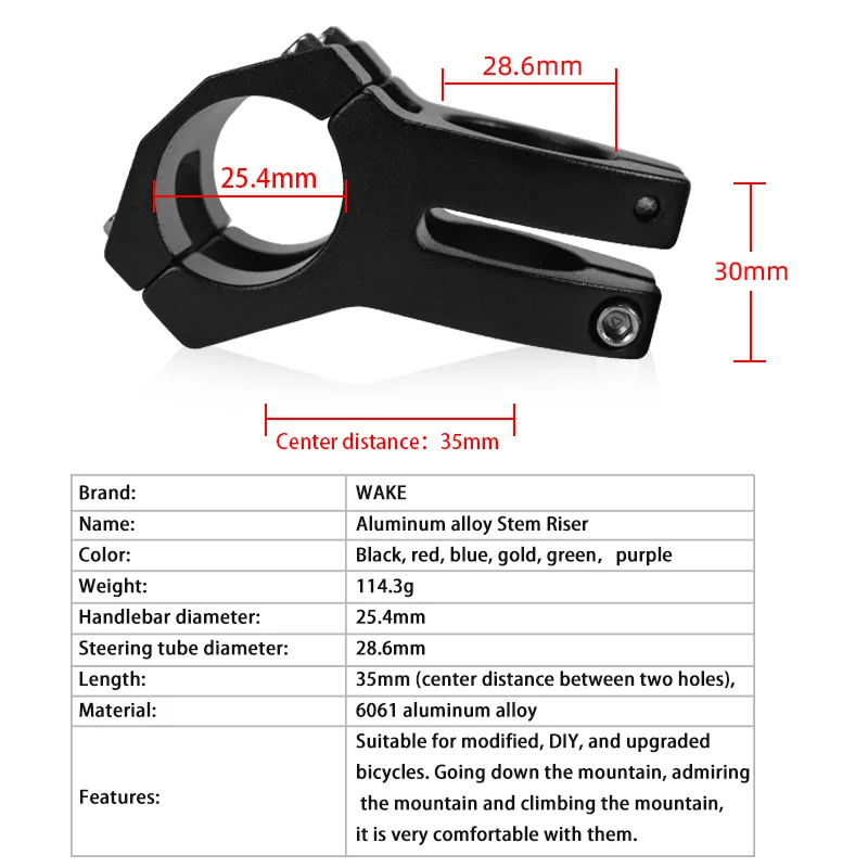 Wake Bicycle Handlebar Stem Mountain Bike Accessories 25.4mm Aluminum Alloy 35mm Kids Bike for MTB BMX Cycling Folding Bike