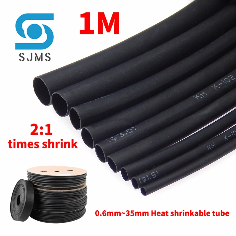 1 Meter/lot 2:1 Black 0.6 1 2 3 4 5 6 7 8 9 10 12mm Heat Shrink Heatshrink Tubing Tube Sleeving Wrap Wire DIY Connector Repair